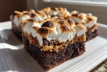 A close-up view of a rich, layered S’mores Brookies bar featuring a dark brownie base, graham cracker layer, and toasted marshmallows on top.