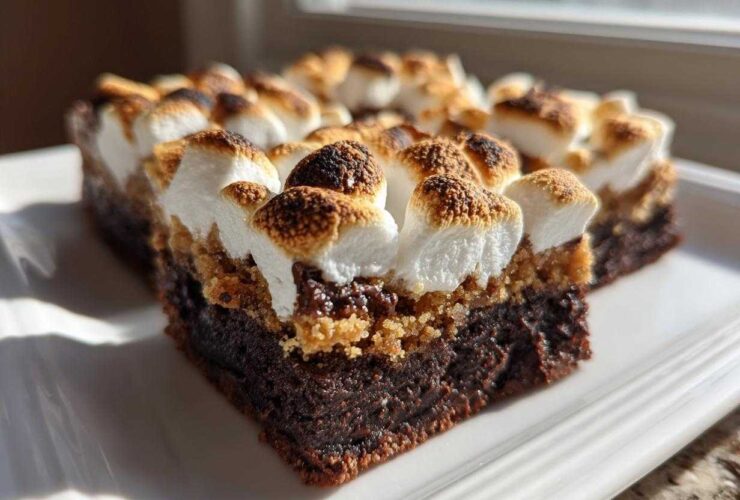 A close-up view of a rich, layered S’mores Brookies bar featuring a dark brownie base, graham cracker layer, and toasted marshmallows on top.