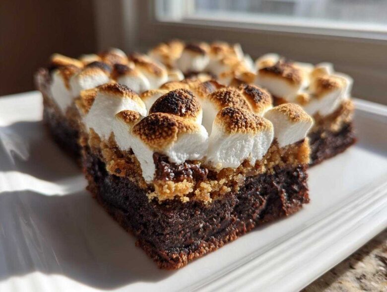 A close-up view of a rich, layered S’mores Brookies bar featuring a dark brownie base, graham cracker layer, and toasted marshmallows on top.