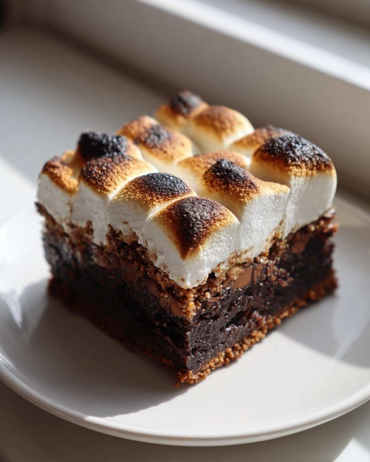 A decadent square of S’mores Brookies with a gooey brownie base and perfectly toasted marshmallow topping.
