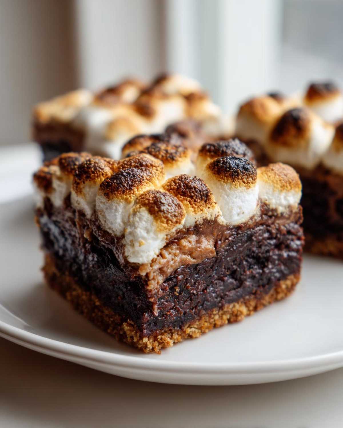 A close-up of a rich, layered S’mores Brookies square with a graham cracker crust and toasted marshmallows on top.
