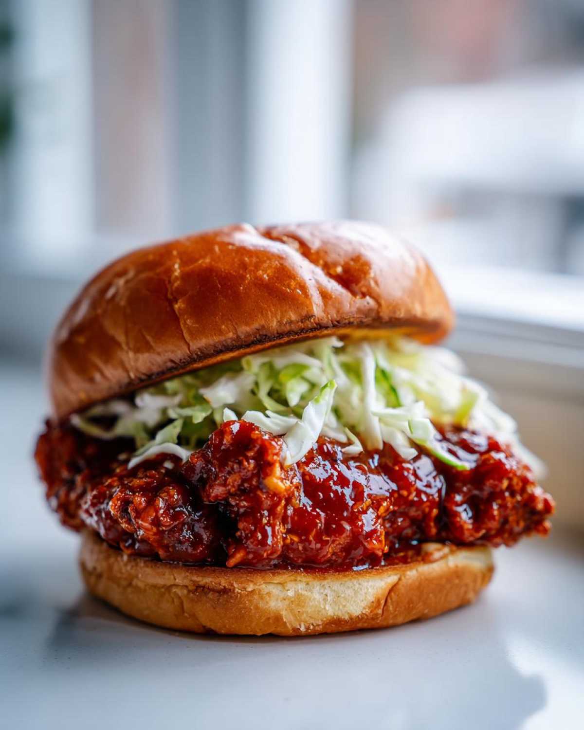 A close-up, appetizing shot of a Spicy Gochujang Chicken Burger featuring a crispy, saucy chicken patty and coleslaw on a toasted brioche bun.