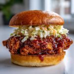 A close-up, appetizing shot of a Spicy Gochujang Chicken Burger featuring a crispy fried patty drenched in dark red sauce and topped with creamy coleslaw.