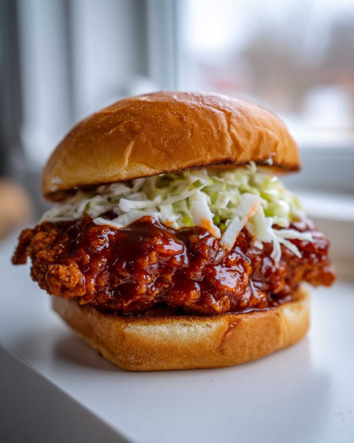 A close-up of a juicy Spicy Gochujang Chicken Burger featuring a crispy fried patty drenched in dark red sauce and topped with coleslaw on a brioche bun.