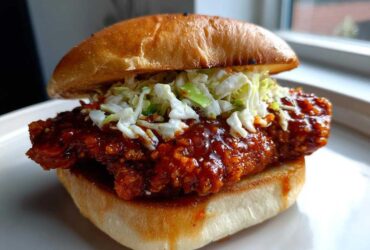 Close-up of a Spicy Gochujang Chicken Burger featuring a crispy fillet coated in red sauce and topped with coleslaw on a brioche bun.