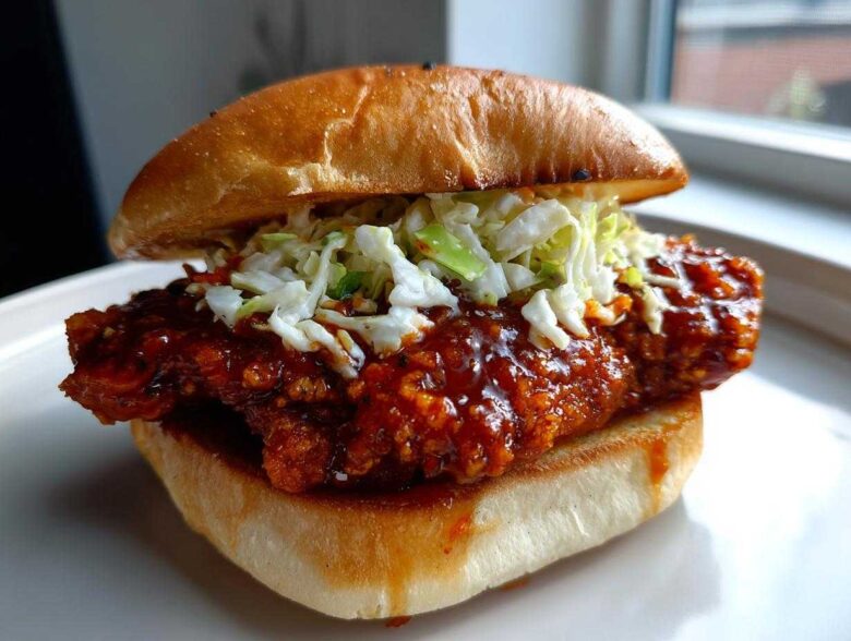 Close-up of a Spicy Gochujang Chicken Burger featuring a crispy fillet coated in red sauce and topped with coleslaw on a brioche bun.