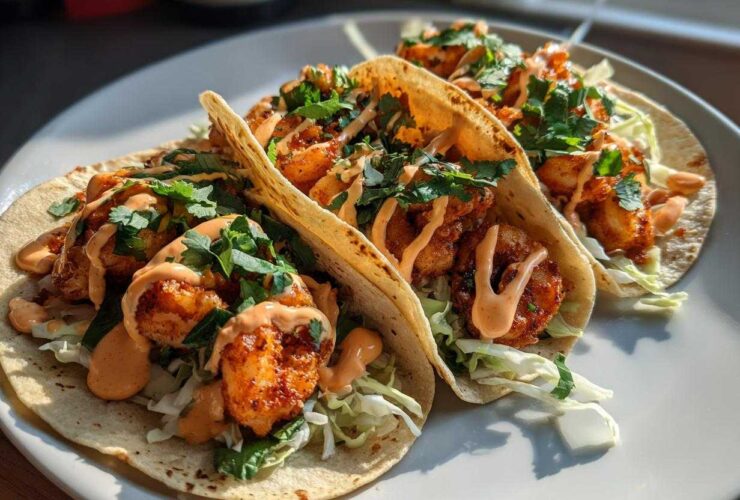Three delicious Spicy Sriracha Mayo Shrimp Tacos filled with seasoned shrimp, shredded cabbage, and drizzled with sauce.