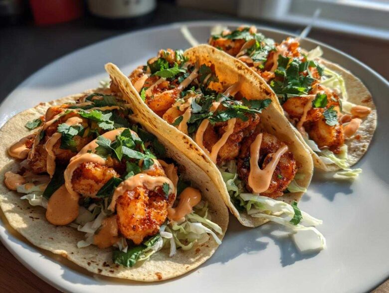 Three delicious Spicy Sriracha Mayo Shrimp Tacos filled with seasoned shrimp, shredded cabbage, and drizzled with sauce.