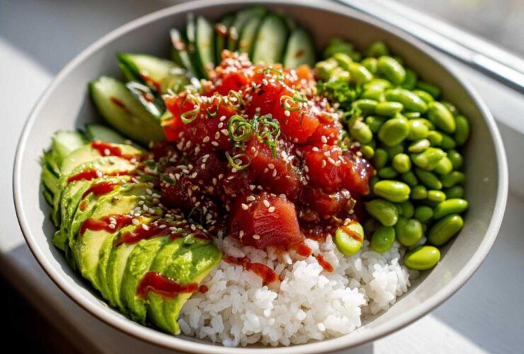 A close-up overhead view of a vibrant Spicy Tuna Bowl featuring marinated tuna over rice, sliced avocado, edamame, and cucumber.