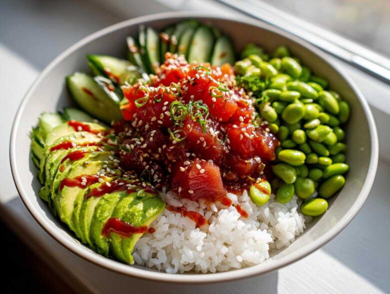 A close-up overhead view of a vibrant Spicy Tuna Bowl featuring marinated tuna over rice, sliced avocado, edamame, and cucumber.