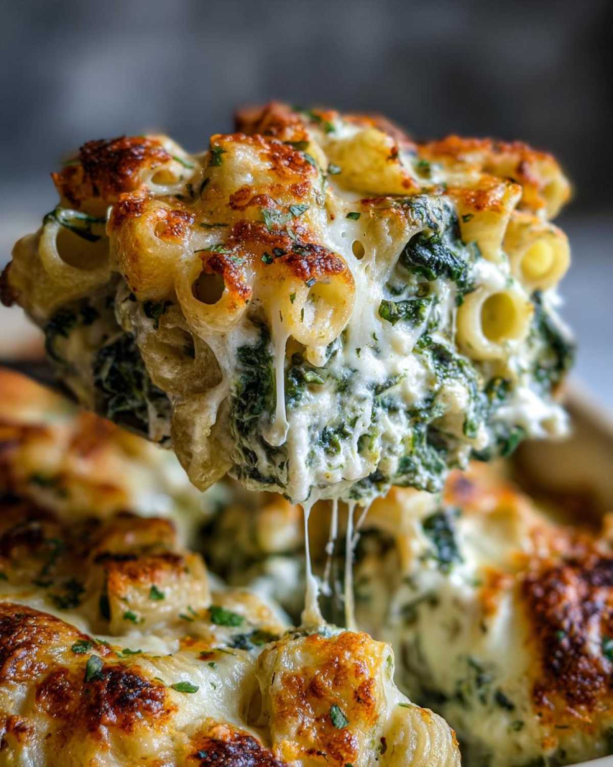 A spoonful of cheesy Spinach & Ricotta Pasta Bake being lifted, showing gooey melted cheese and green spinach filling.