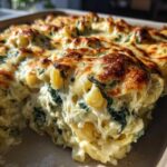 A close-up, appetizing shot of a portion of Spinach & Ricotta Pasta Bake with a golden, bubbly cheese crust.