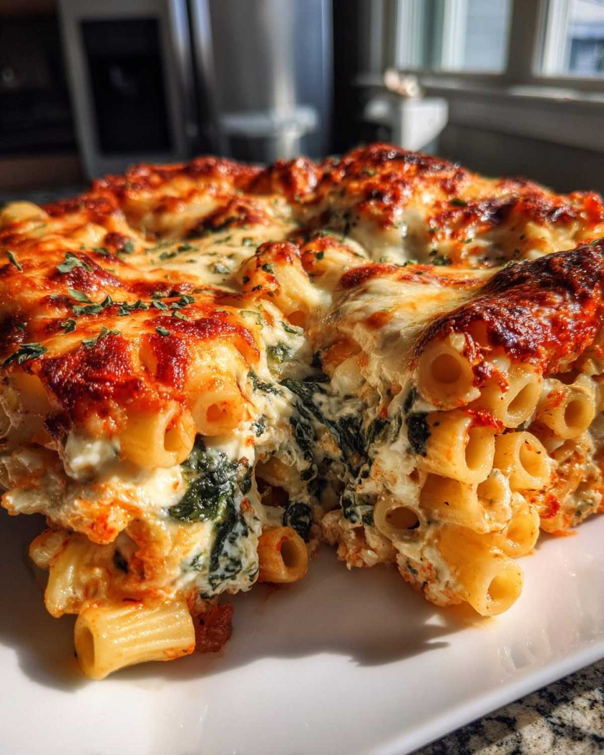 A close-up, cross-section view of a rich Spinach & Ricotta Pasta Bake with rigatoni pasta and a bubbly, browned cheese topping.