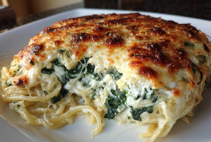 A serving of creamy Spinach & Ricotta Pasta Bake with a bubbly, browned cheese crust.