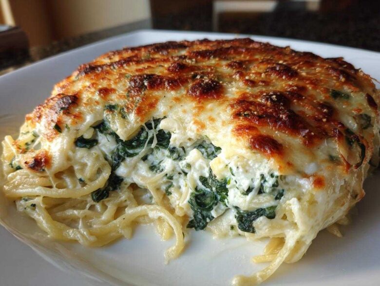 A serving of creamy Spinach & Ricotta Pasta Bake with a bubbly, browned cheese crust.