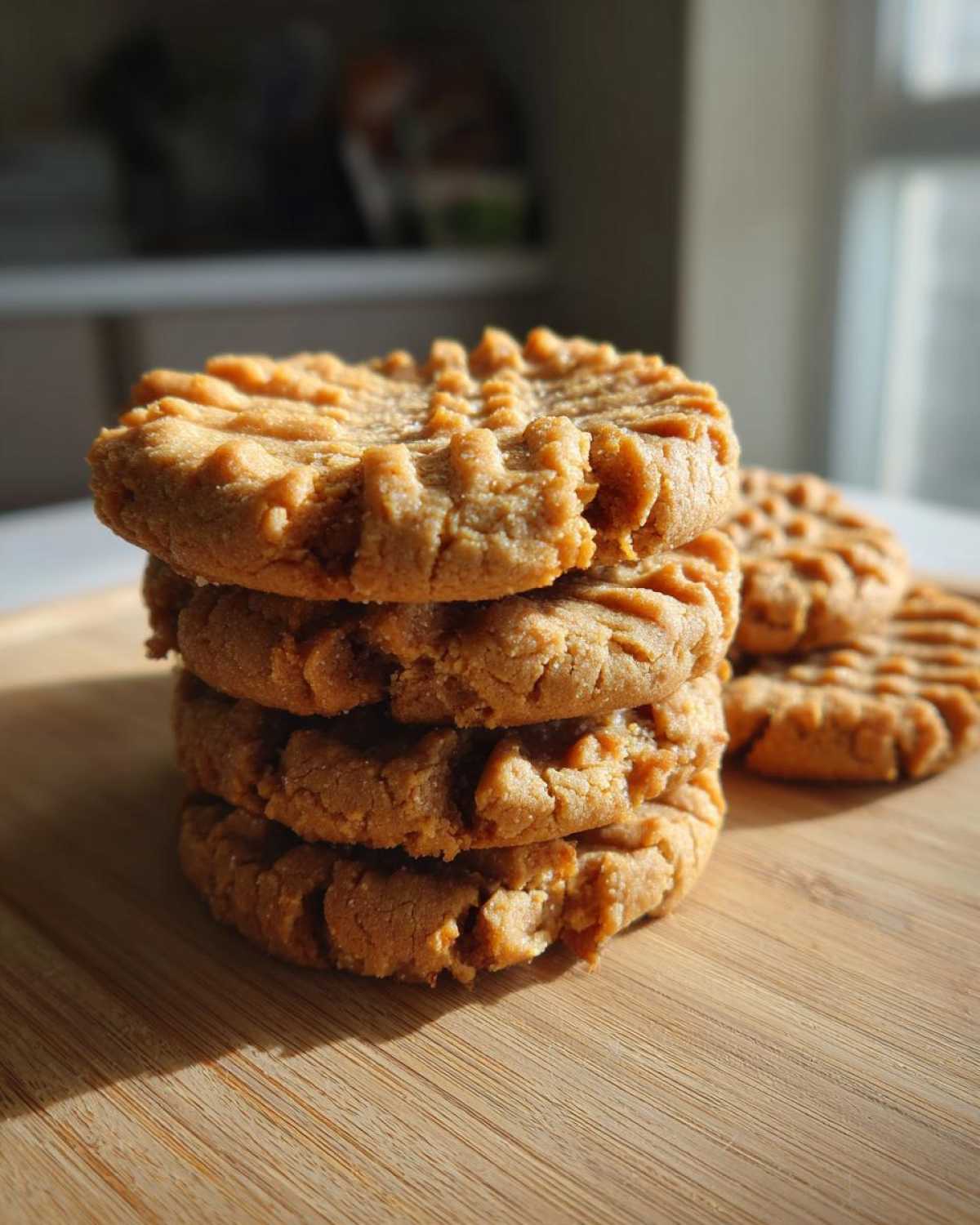 A close-up stack of four perfectly baked Peanut Butter Cookies showing the classic crisscross fork marks.