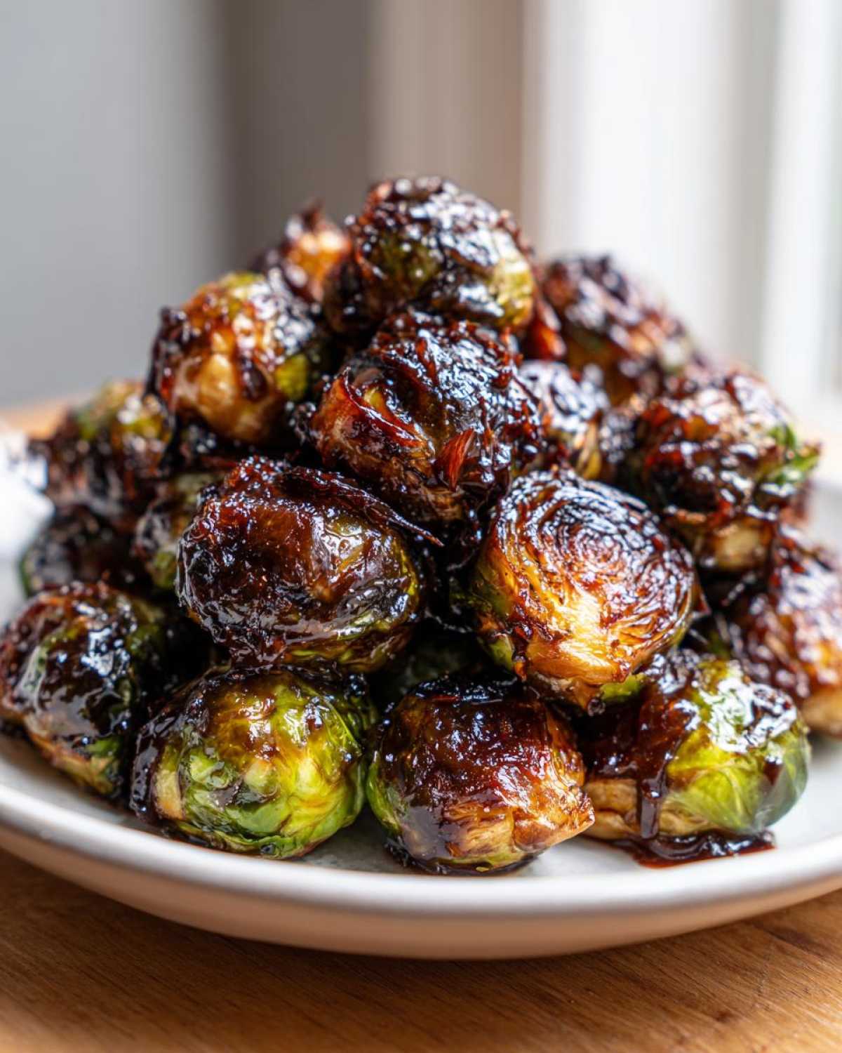 A mound of roasted Brussels sprouts coated in a thick, dark Sticky Brussels Sprouts Glaze, served on a white plate.