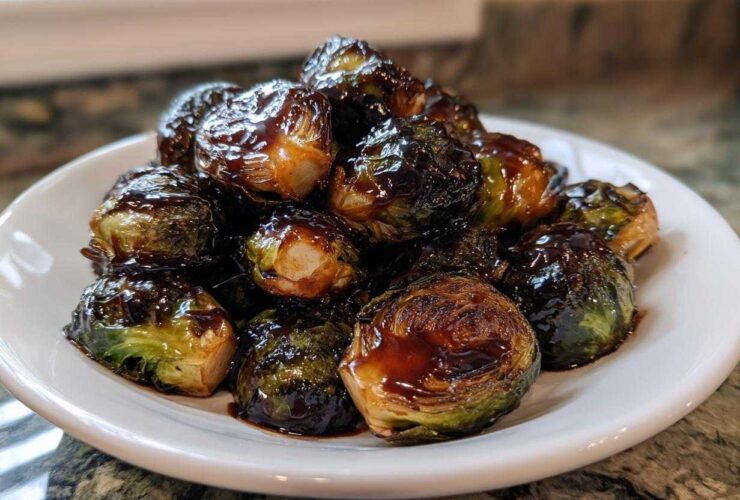 A pile of roasted Brussels sprouts generously coated in a thick, dark Sticky Brussels Sprouts Glaze on a white plate.