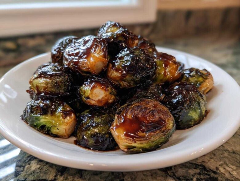A pile of roasted Brussels sprouts generously coated in a thick, dark Sticky Brussels Sprouts Glaze on a white plate.
