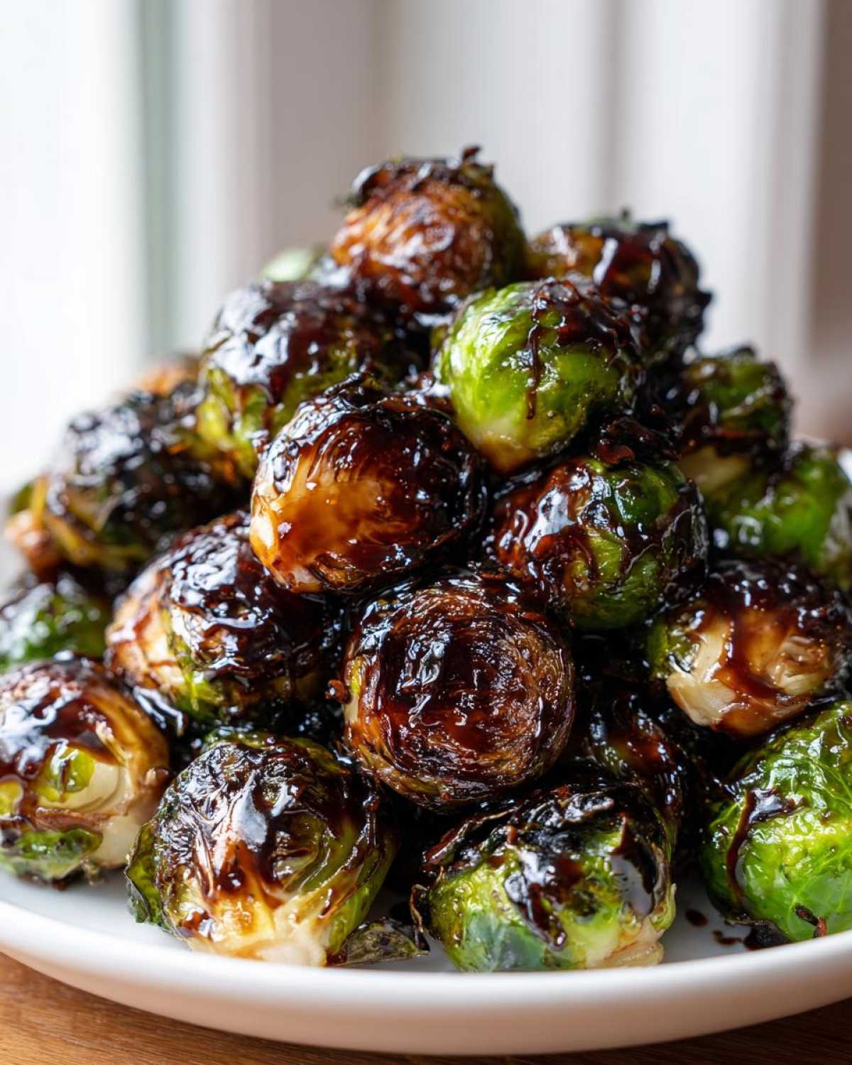 A mound of roasted Brussels sprouts generously coated in a dark, glossy Sticky Brussels Sprouts Glaze.