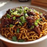 A close-up of a white bowl filled with Sticky Garlic Chicken Noodles, topped with sesame seeds and fresh green onions.