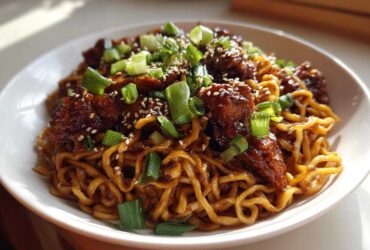 A close-up of a white bowl filled with Sticky Garlic Chicken Noodles, topped with sesame seeds and fresh green onions.