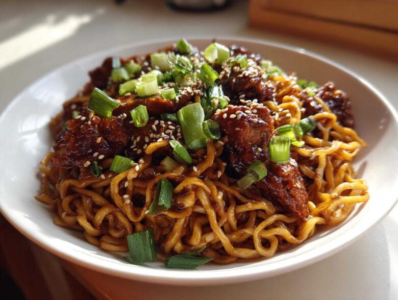 A close-up of a white bowl filled with Sticky Garlic Chicken Noodles, topped with sesame seeds and fresh green onions.
