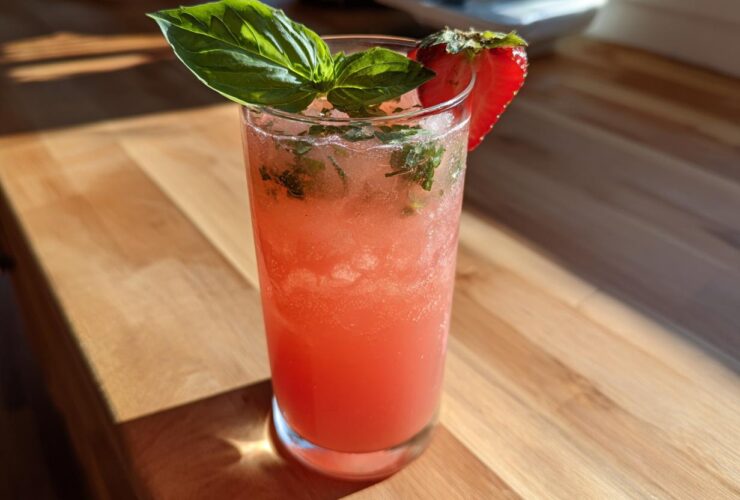 A tall glass filled with pink Strawberry Basil Lemonade, garnished with fresh basil and a strawberry slice.