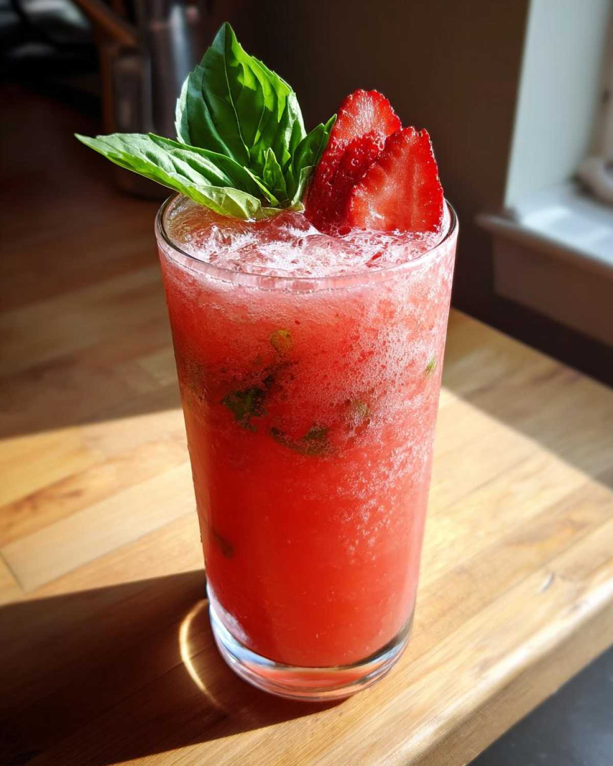 A tall glass filled with bright red Strawberry Basil Lemonade, garnished with fresh basil leaves and sliced strawberries.