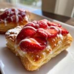 A close-up of a flaky Strawberry Puff Pastry topped with sliced strawberries, white icing drizzle, and powdered sugar.