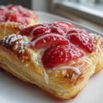 A close-up of a flaky, golden Strawberry Puff Pastry topped with sliced strawberries, white icing drizzle, and powdered sugar.
