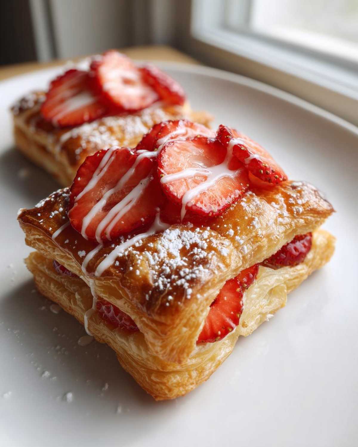 Close-up of a flaky Strawberry Puff Pastry topped with sliced strawberries, white icing drizzle, and powdered sugar.