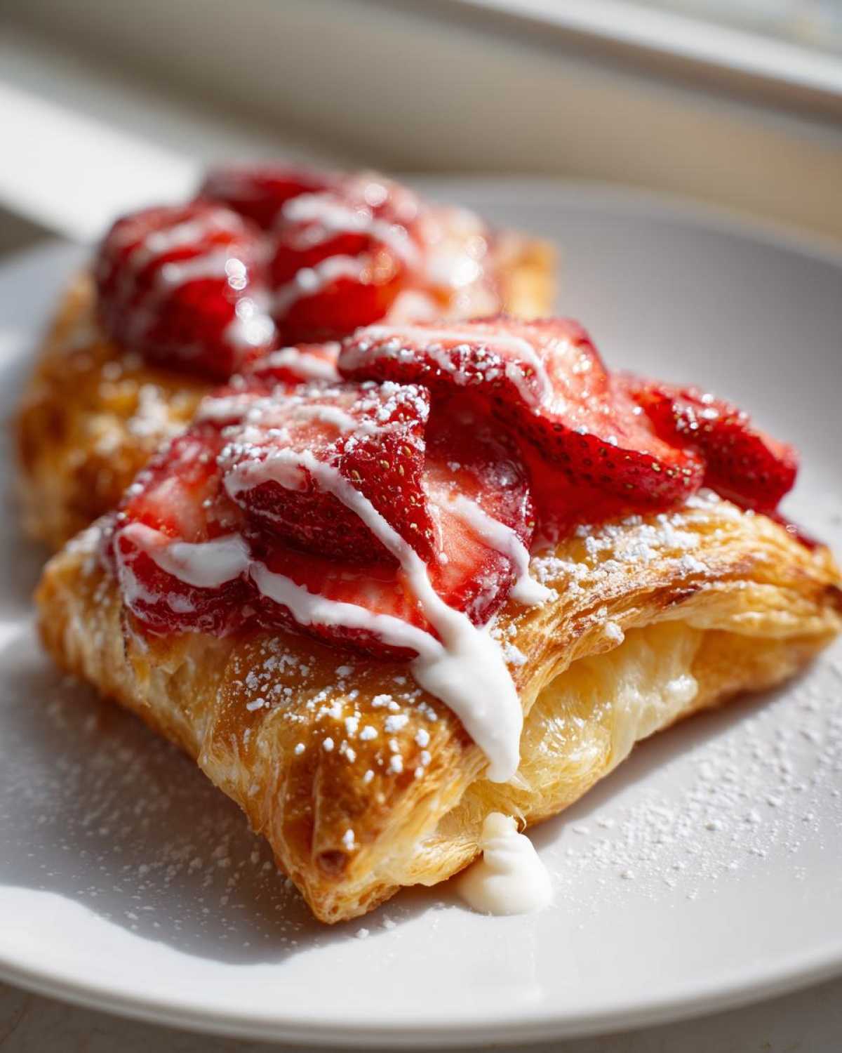 A flaky, golden Strawberry Puff Pastry topped with sliced strawberries, white glaze drizzle, and powdered sugar.