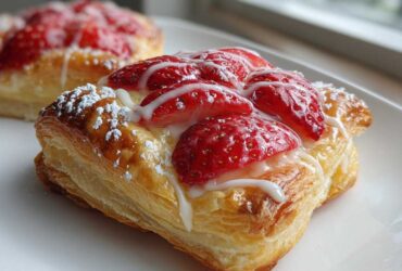 A close-up of a flaky, golden Strawberry Puff Pastry topped with sliced strawberries, white icing drizzle, and powdered sugar.