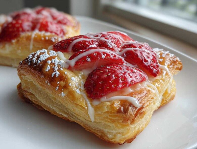 A close-up of a flaky, golden Strawberry Puff Pastry topped with sliced strawberries, white icing drizzle, and powdered sugar.