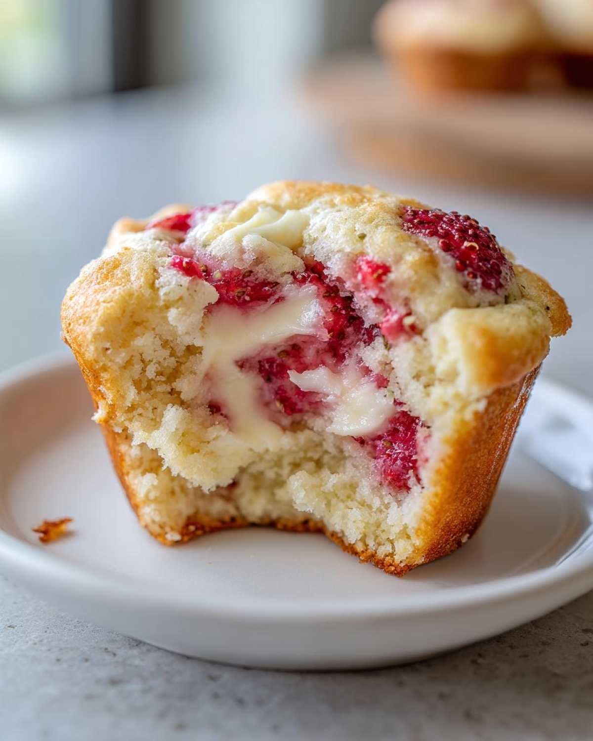 Close-up of a Strawberry Shortcake Muffins with a bite taken out, showing the moist interior and creamy filling.