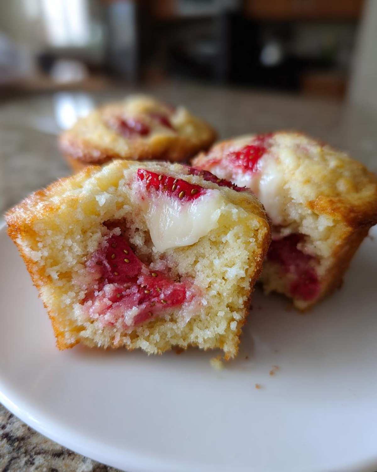Close-up of a Strawberry Shortcake Muffins cut in half showing moist cake, baked strawberries, and a creamy filling.