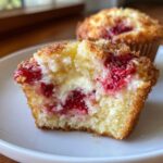 Close-up of a Strawberry Shortcake Muffins half showing a moist cake, bright red berries, and creamy center filling.