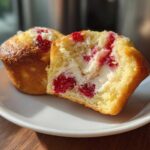 Close-up of a Strawberry Shortcake Muffins cut in half showing bright red berries and creamy filling inside the golden cake.