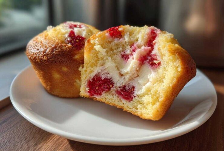 Close-up of a Strawberry Shortcake Muffins cut in half showing bright red berries and creamy filling inside the golden cake.