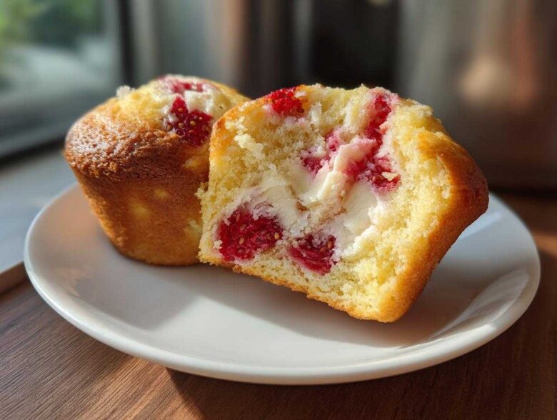 Close-up of a Strawberry Shortcake Muffins cut in half showing bright red berries and creamy filling inside the golden cake.