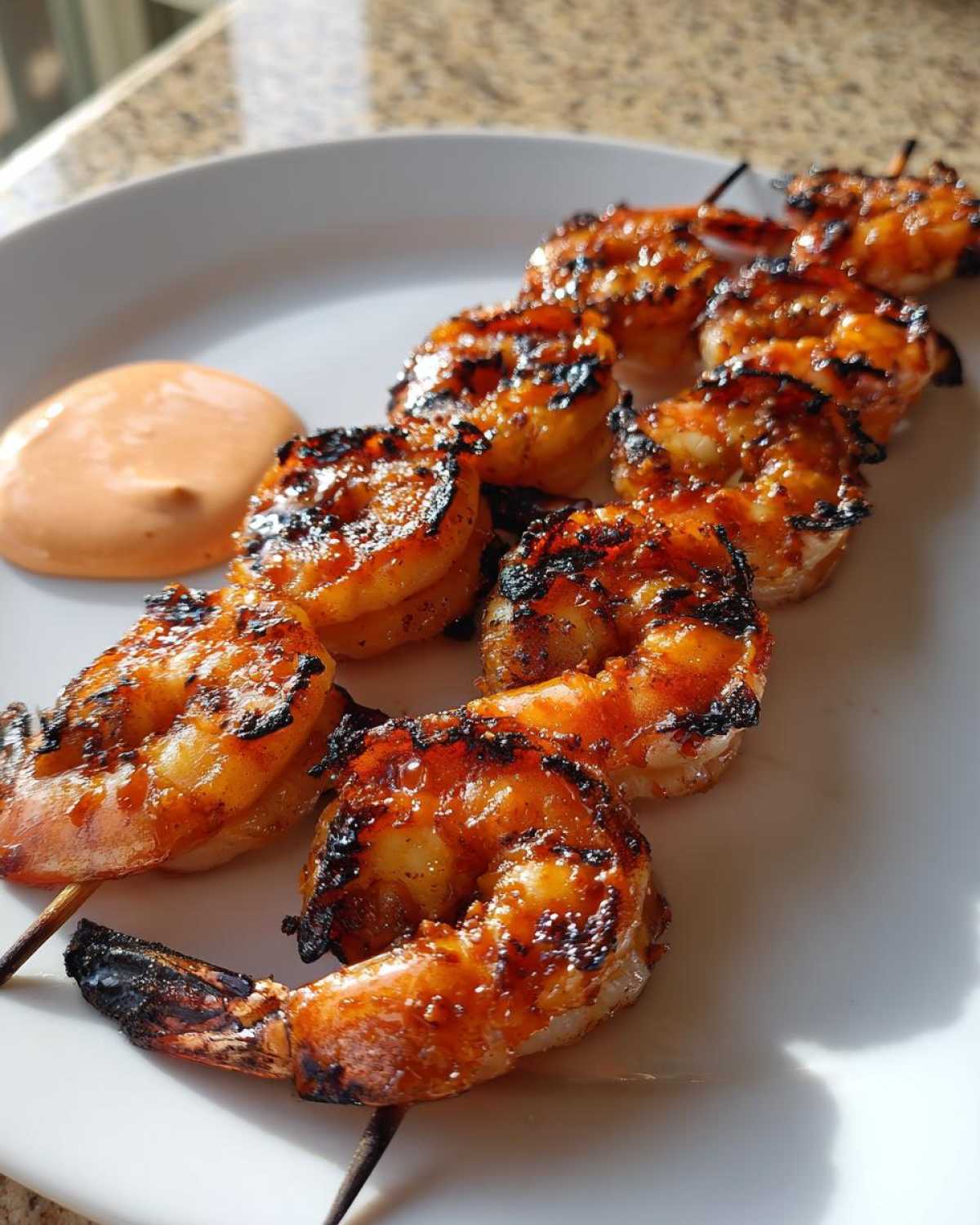 Close-up of grilled Sweet Chili Grilled Bang Bang Shrimp Skewers glazed with sauce, served with a side of dipping sauce.