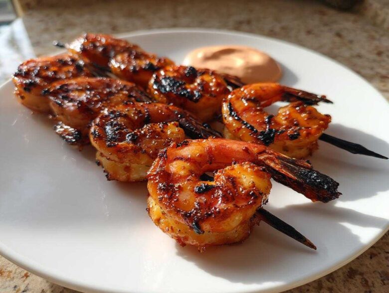 Close-up of grilled Sweet Chili Grilled Bang Bang Shrimp Skewers served on a white plate with a side of dipping sauce.