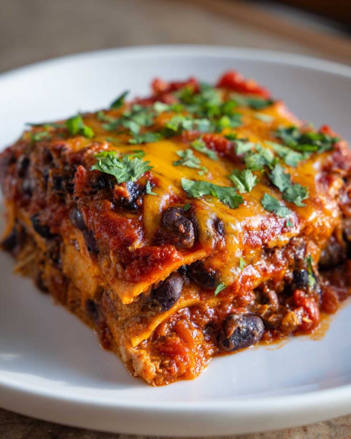 Close-up of a square serving of Sweet Potato and Black Bean Enchilada Casserole topped with melted cheese and cilantro.
