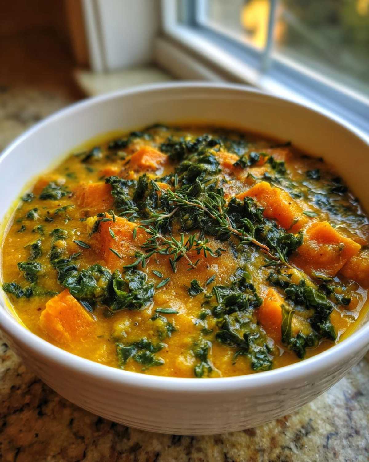 Close-up of a hearty bowl of Sweet Potato Chowder Kale, featuring chunks of sweet potato, wilted kale, and fresh thyme.