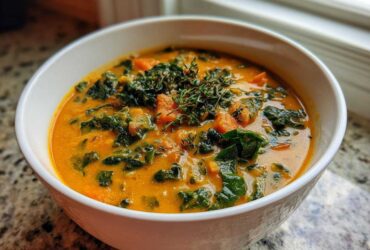 A close-up of a creamy orange Sweet Potato Chowder Kale topped with fresh thyme in a white bowl.