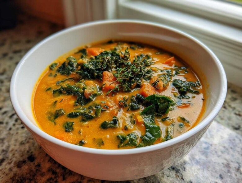 A close-up of a creamy orange Sweet Potato Chowder Kale topped with fresh thyme in a white bowl.
