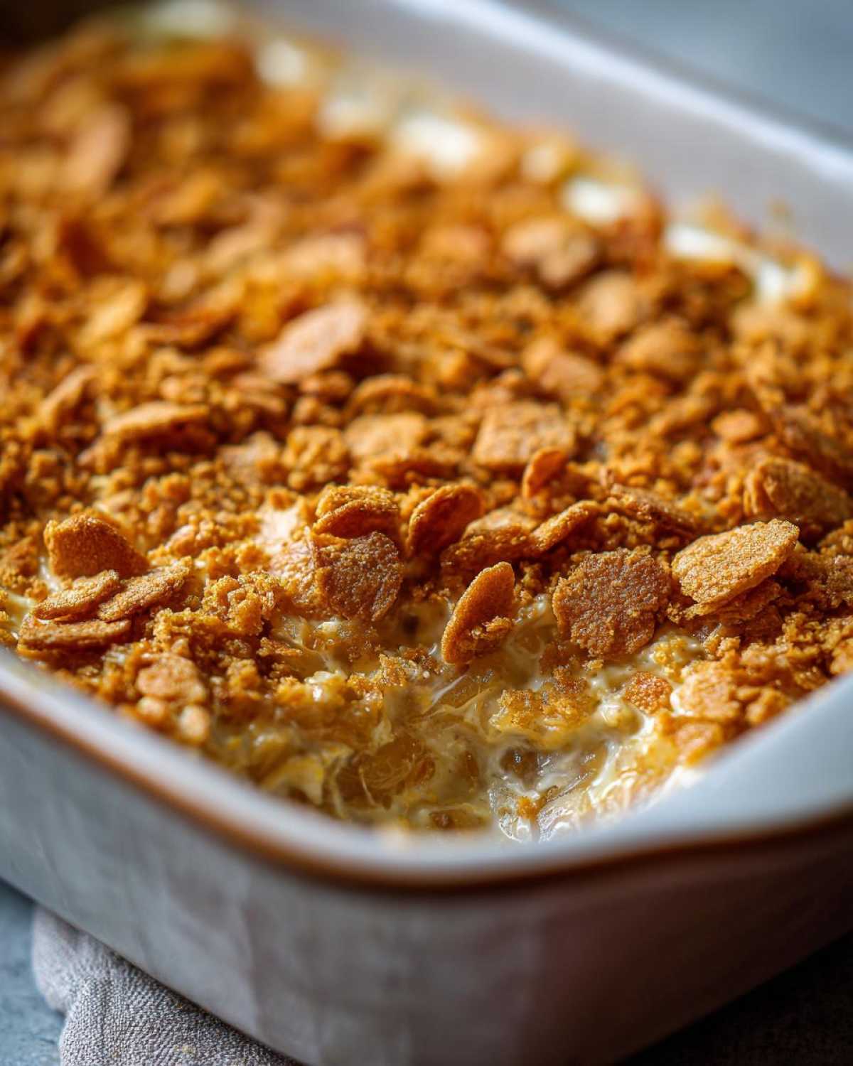 Close-up of a creamy Tennessee Onions Casserole topped with golden, crunchy cornflakes.