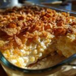 Close-up of a creamy Tennessee Onions Casserole in a glass dish, featuring a golden, crunchy cornflake topping.