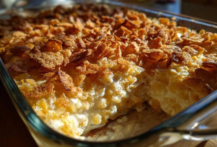 Close-up of a creamy Tennessee Onions Casserole in a glass dish, featuring a golden, crunchy cornflake topping.